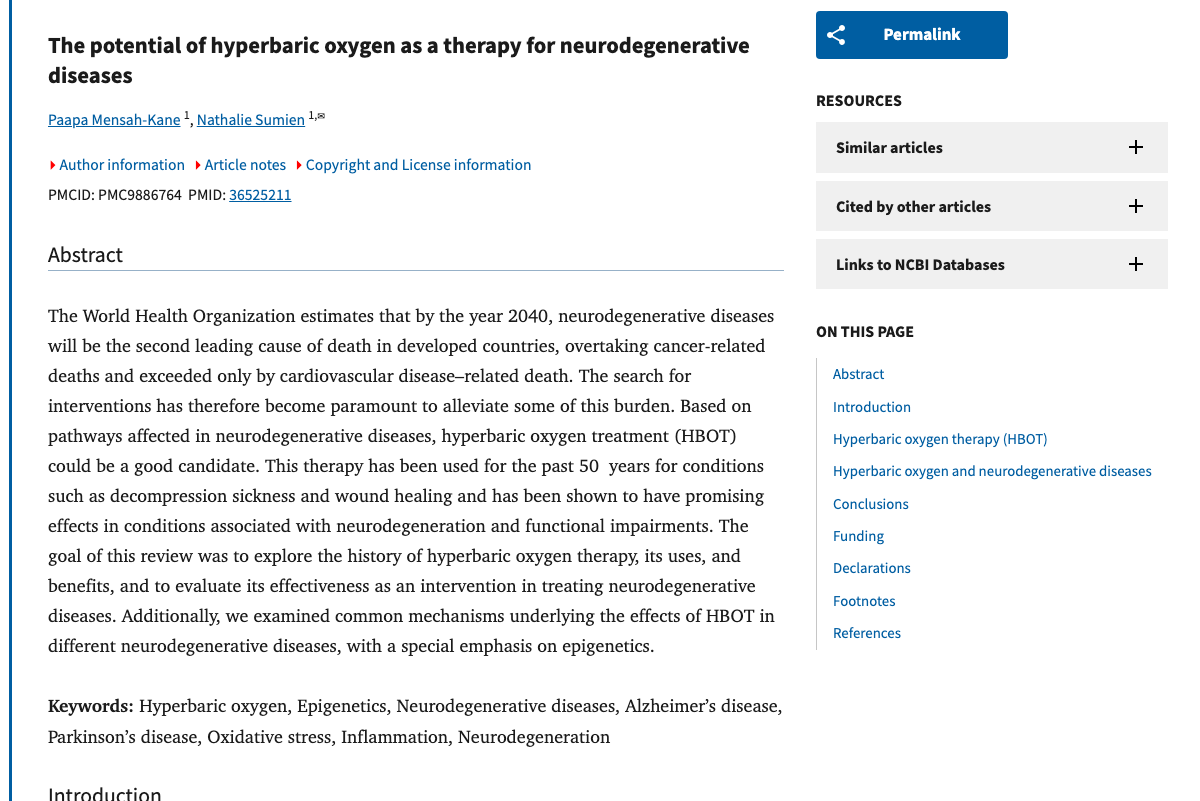 Title and abstract of The potential of hyperbaric oxygen as a therapy for neurodegenerative diseases.