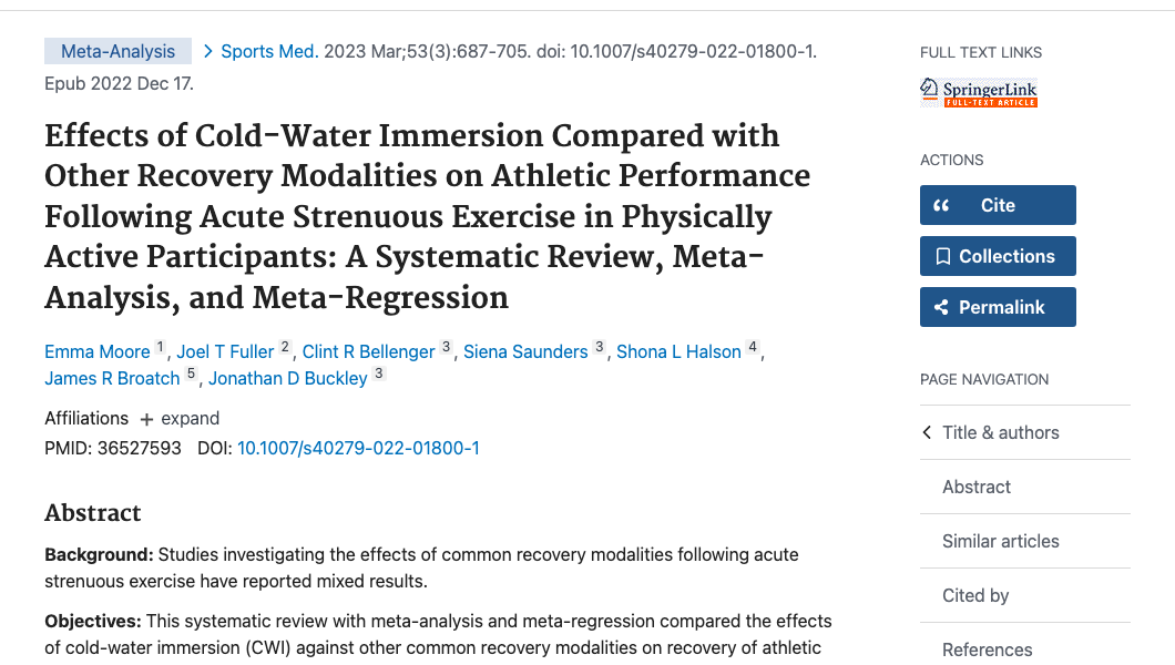 Title and abstract of Effects of Cold-Water Immersion Compared with Other Recovery Modalities on Athletic Performance Following Acute Strenuous Exercise in Physically Active Participants: A Systematic Review, Meta-Analysis, and Meta-Regression.