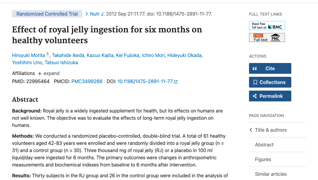 Title and abstract of Effect of royal jelly ingestion for six months on healthy volunteers.