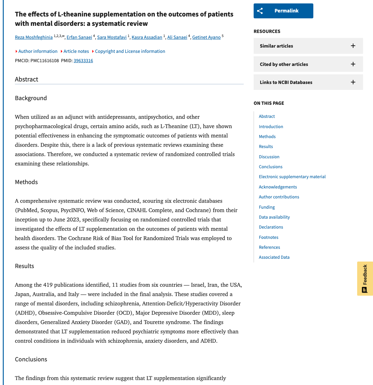 Title and abstract of The effects of L-theanine supplementation on the outcomes of patients with mental disorders: a systematic review.