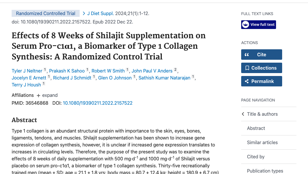 Title and abstract of Effects of 8 Weeks of Shilajit Supplementation on Serum Pro-c1α1, a Biomarker of Type 1 Collagen Synthesis: A Randomized Control Trial.