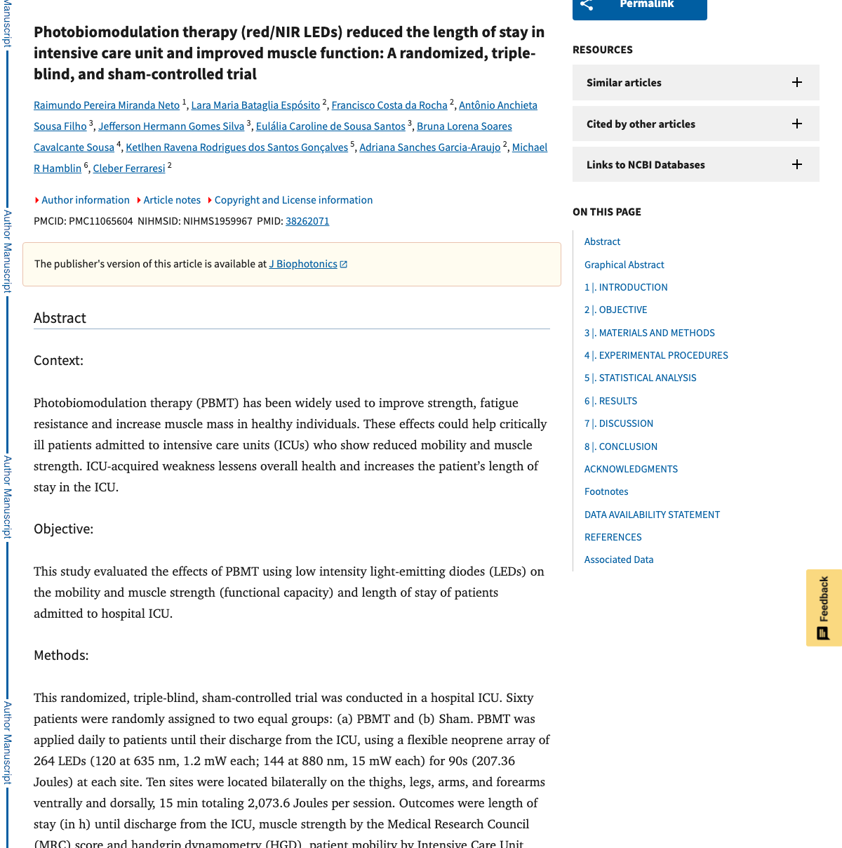 Title and abstract of Photobiomodulation therapy (red/NIR LEDs) reduced the length of stay in intensive care unit and improved muscle function: A randomized, triple-blind, and sham-controlled trial.