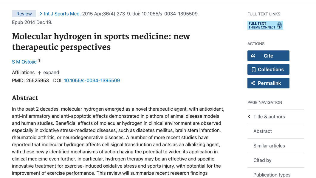 Title and abstract of Molecular hydrogen in sports medicine: new therapeutic perspectives
