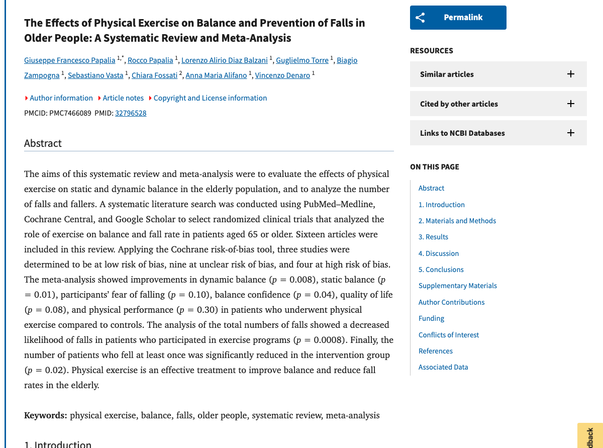 Title and abstract of The Effects of Physical Exercise on Balance and Prevention of Falls in Older People: A Systematic Review and Meta-Analysis.