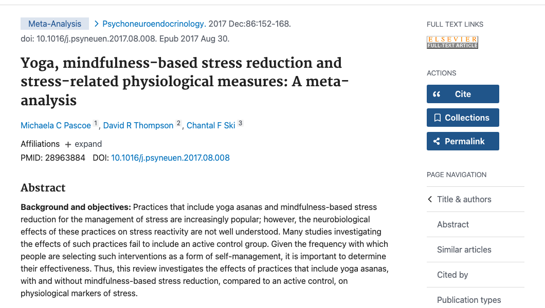 Title and abstract of Yoga, mindfulness-based stress reduction and stress-related physiological measures: A meta-analysis.