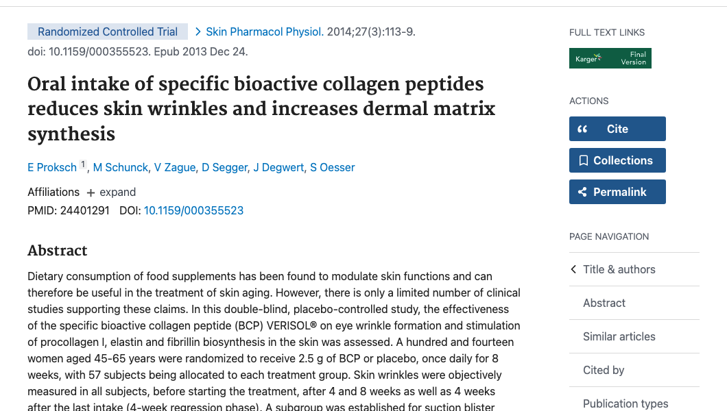 Title and abstract of Oral intake of specific bioactive collagen peptides reduces skin wrinkles and increases dermal matrix synthesis
