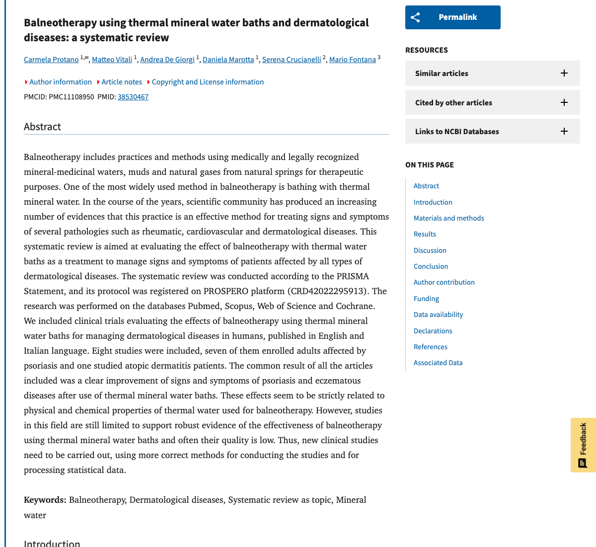Title and abstract of Balneotherapy using thermal mineral water baths and dermatological diseases: a systematic review.