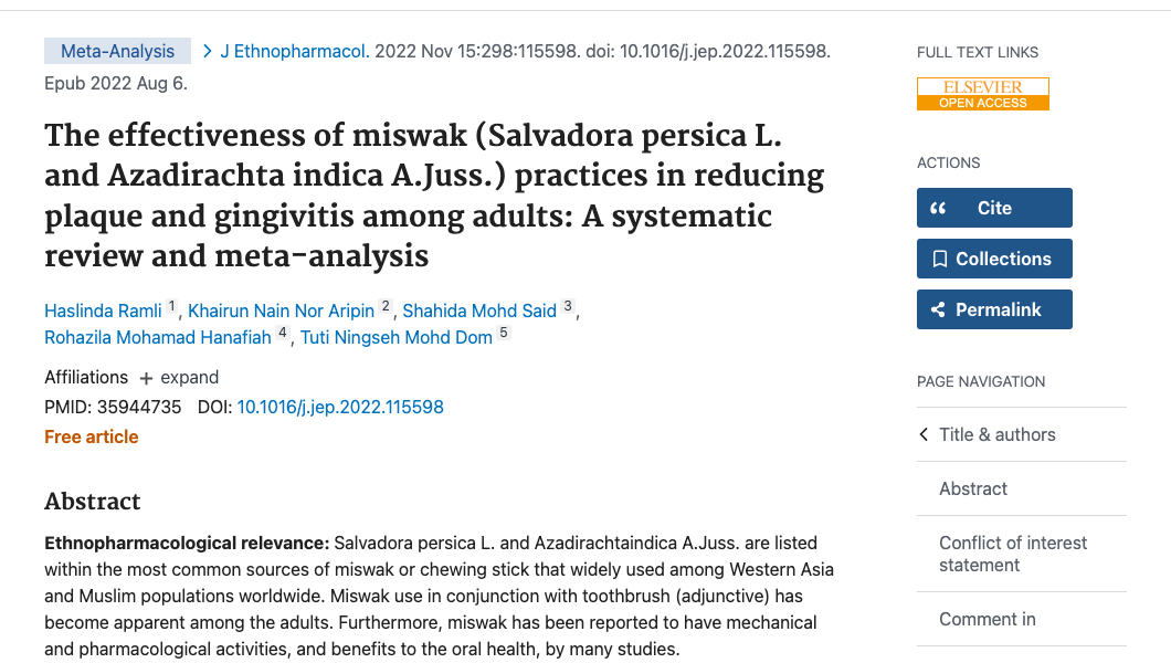 Title and abstract of The effectiveness of miswak (Salvadora persica L. and Azadirachta indica A.Juss.) practices in reducing plaque and gingivitis among adults: A systematic review and meta-analysis.