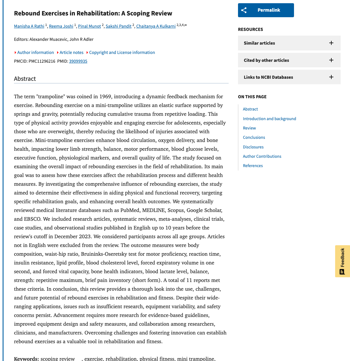 Title and abstract of Rebound Exercises in Rehabilitation: A Scoping Review.