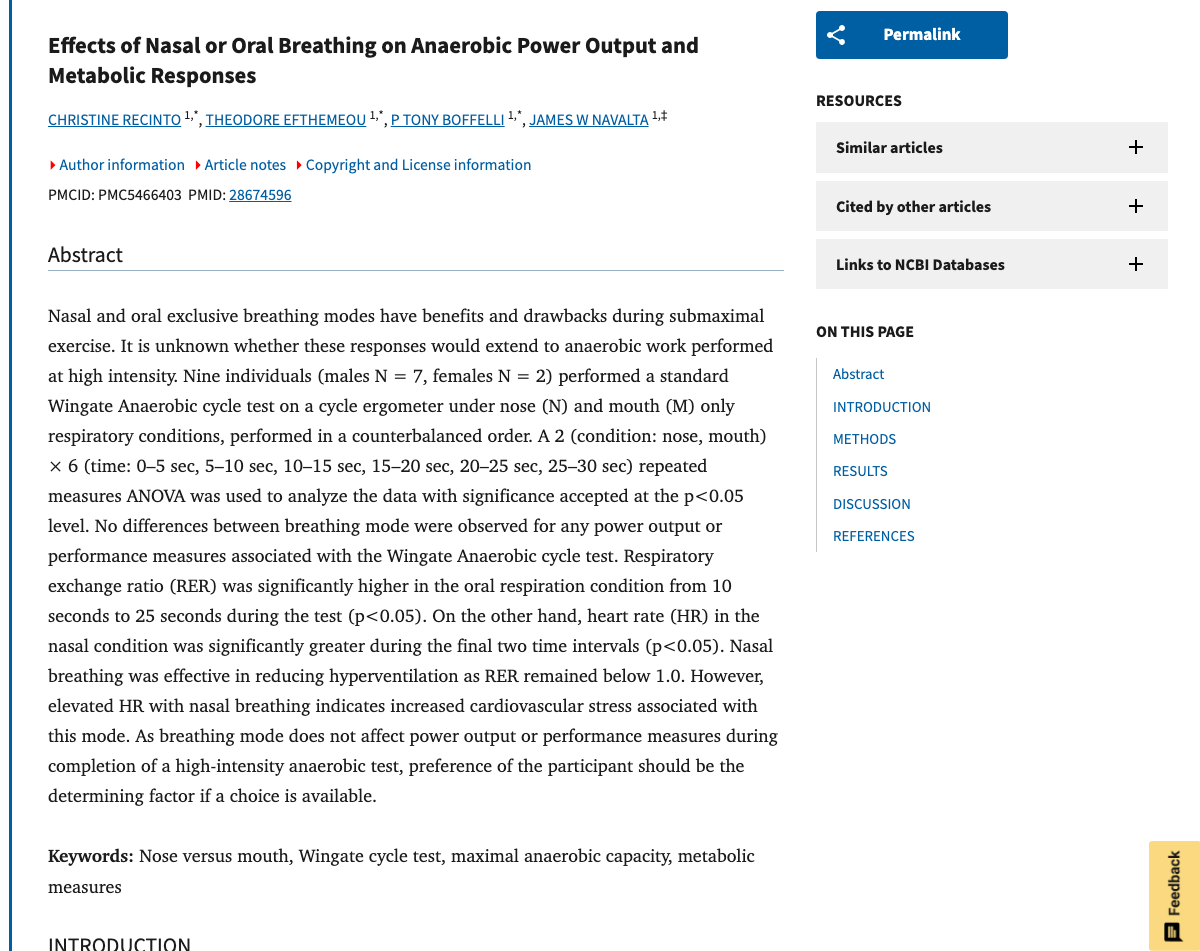 Title and abstract of Effects of nasal or oral breathing on anaerobic power output and metabolic responses