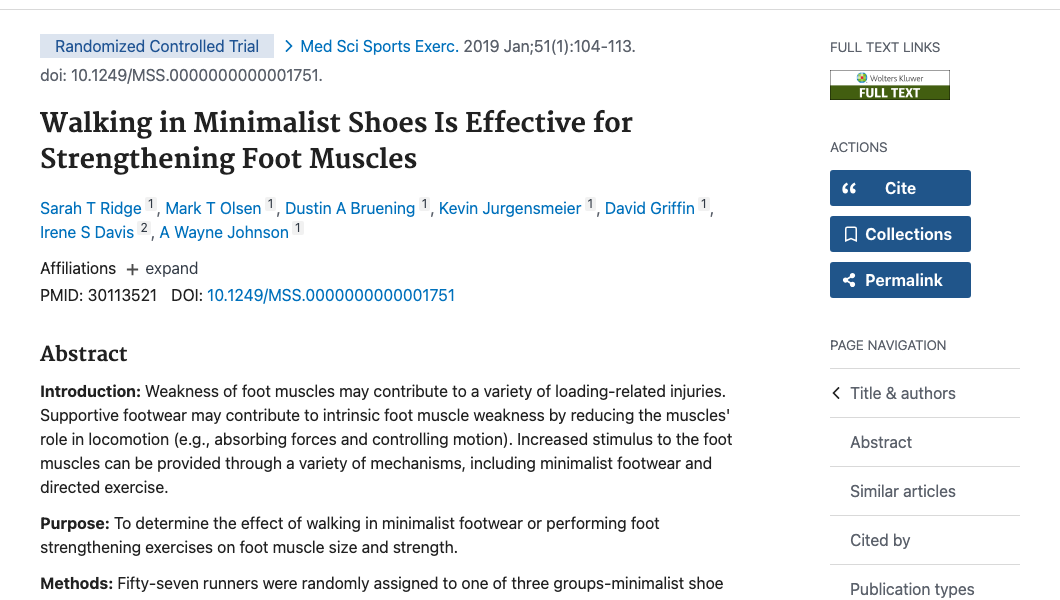 Title and abstract of Walking in Minimalist Shoes Is Effective for Strengthening Foot Muscles.
