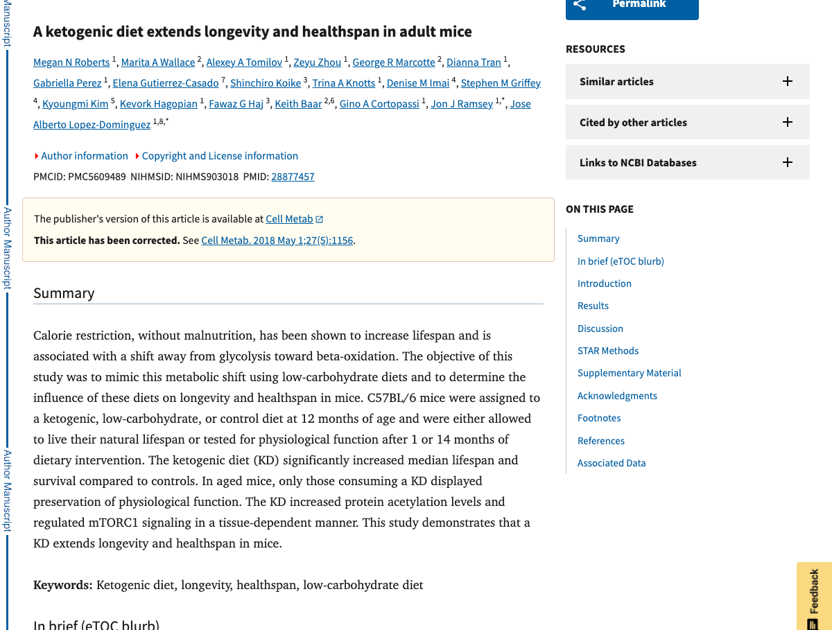 Title and abstract of A Ketogenic Diet Extends Longevity and Healthspan in Adult Mice.