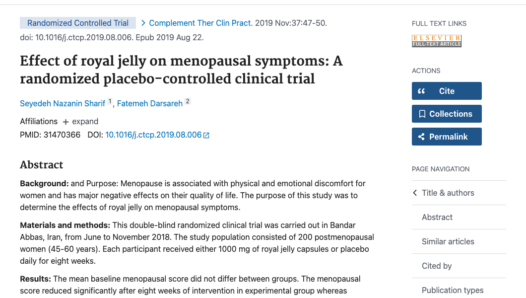 Title and abstract of Effect of royal jelly on menopausal symptoms: A randomized placebo-controlled clinical trial.