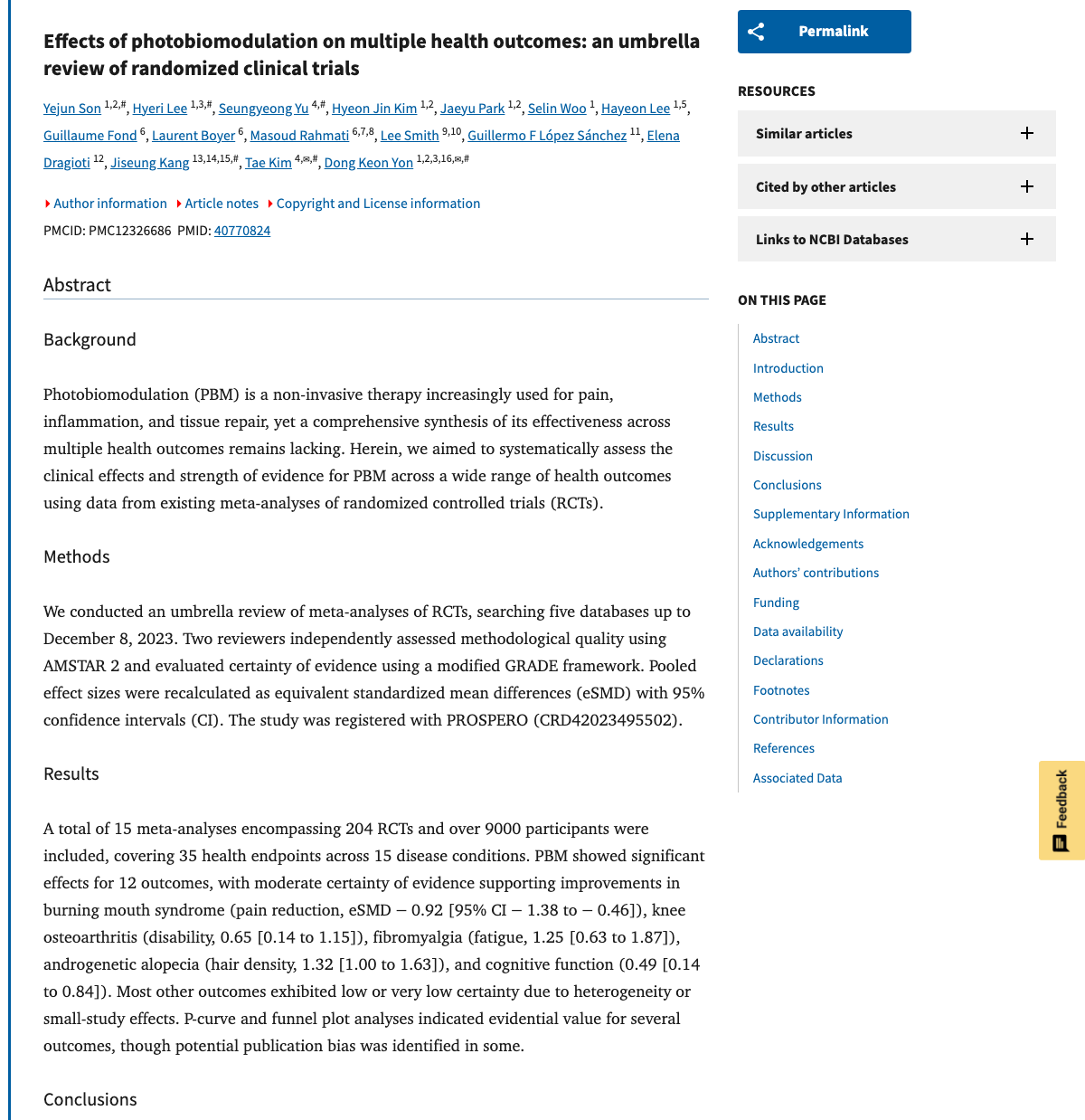 Title and abstract of Effects of photobiomodulation on multiple health outcomes: an umbrella review of randomized clinical trials.