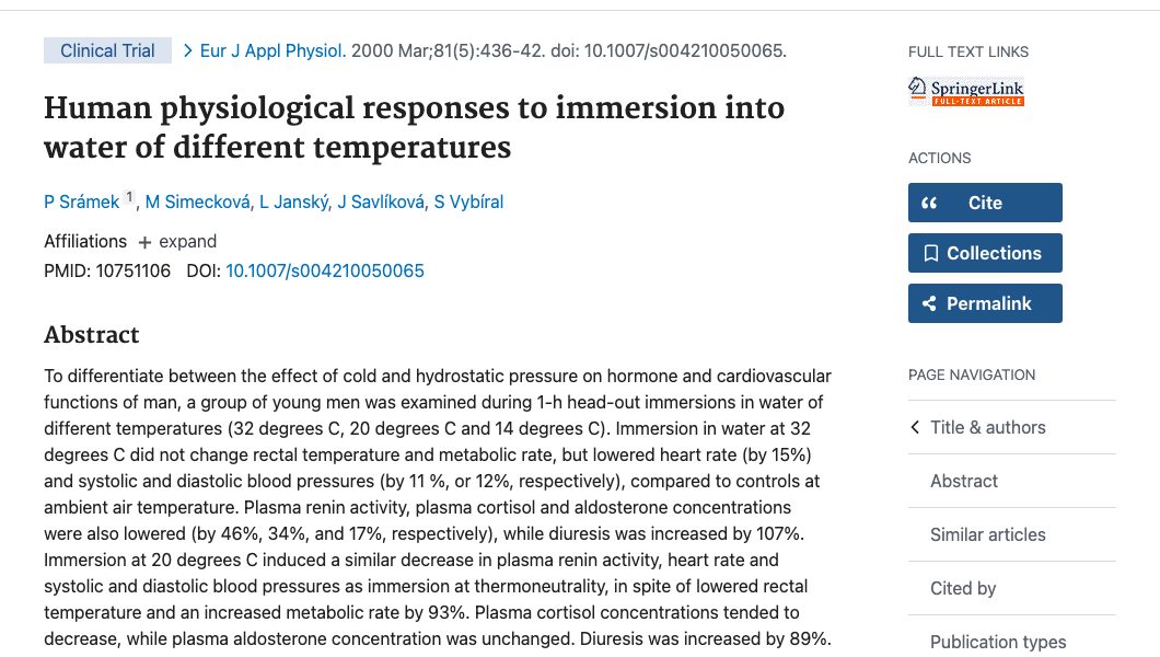 Title and abstract of Human physiological responses to immersion into water of different temperatures