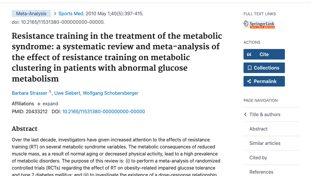 Title and abstract of Resistance training in the treatment of the metabolic syndrome: a systematic review and meta-analysis of the effect of resistance training on metabolic clustering in patients with abnormal glucose metabolism