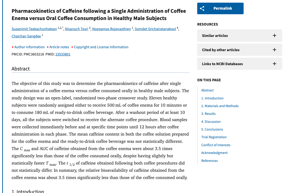 Title and abstract of Pharmacokinetics of caffeine following a single administration of coffee enema versus oral coffee consumption