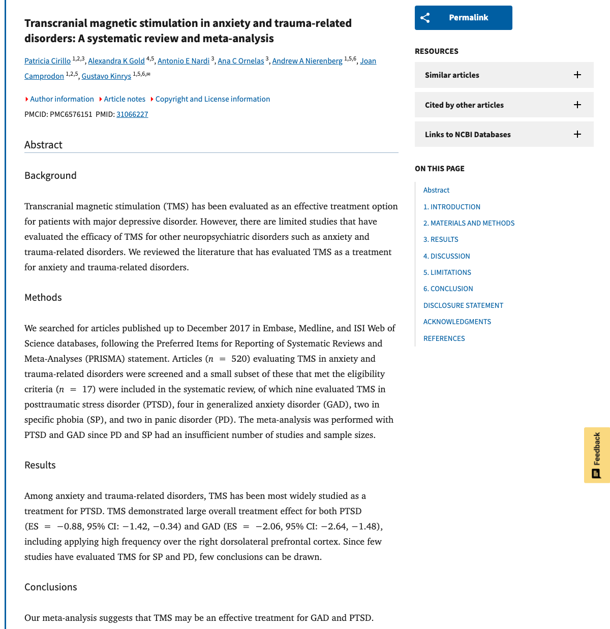 Title and abstract of Transcranial magnetic stimulation in anxiety and trauma-related disorders: A systematic review and meta-analysis