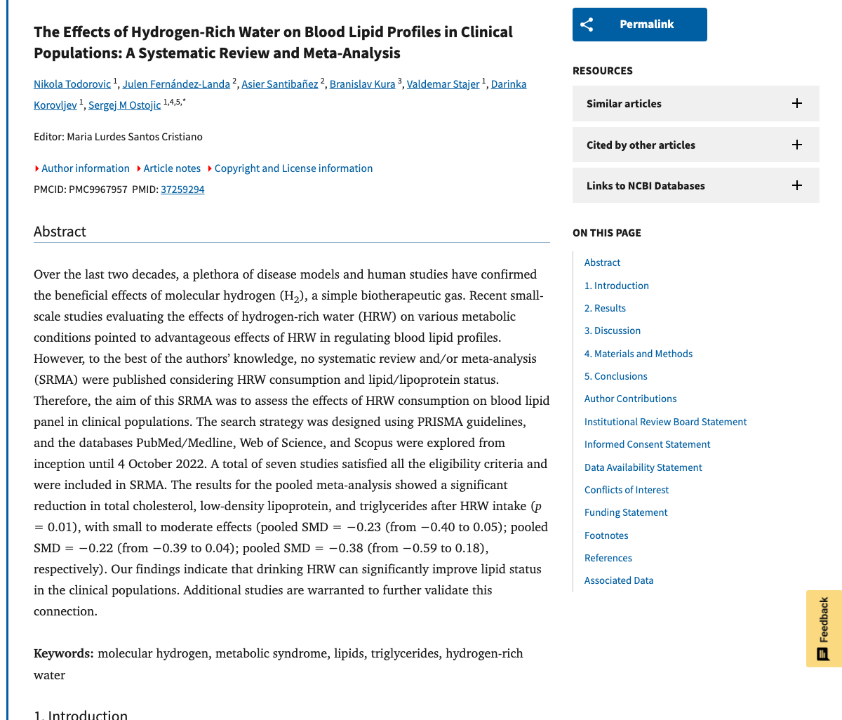 Title and abstract of The Effects of Hydrogen-Rich Water on Blood Lipid Profiles in Clinical Populations: A Systematic Review and Meta-Analysis.