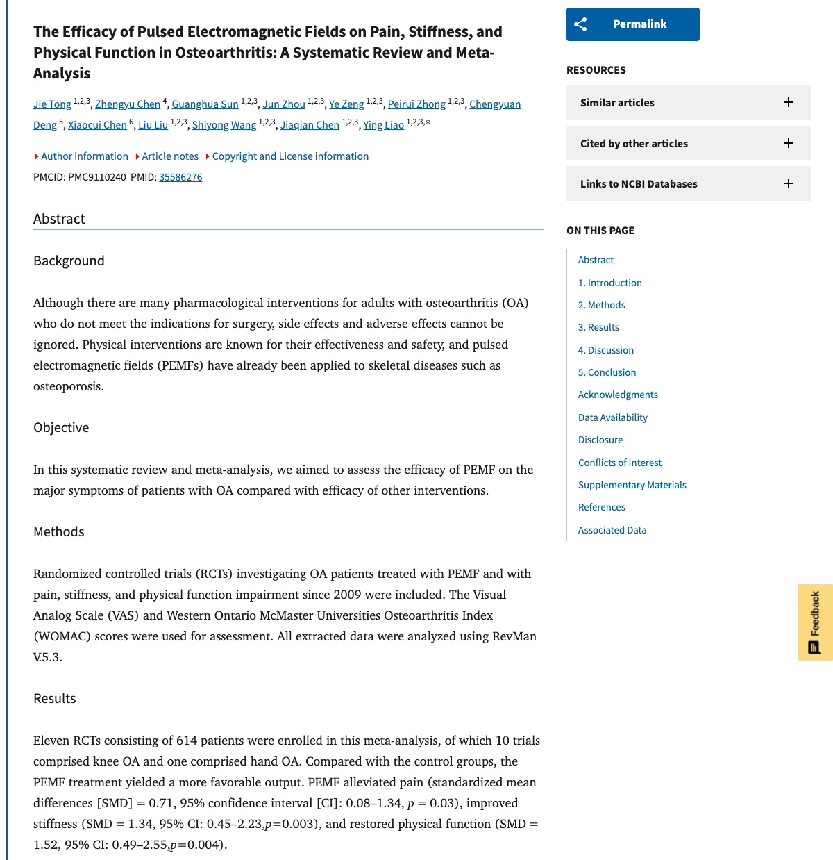Title and abstract of The Efficacy of Pulsed Electromagnetic Fields on Pain, Stiffness, and Physical Function in Osteoarthritis: A Systematic Review and Meta-Analysis.