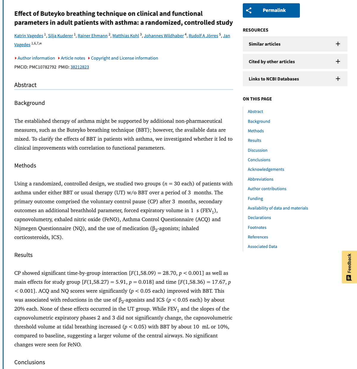 Title and abstract of Effect of Buteyko breathing technique on clinical and functional parameters in adult patients with asthma: a randomized, controlled study.