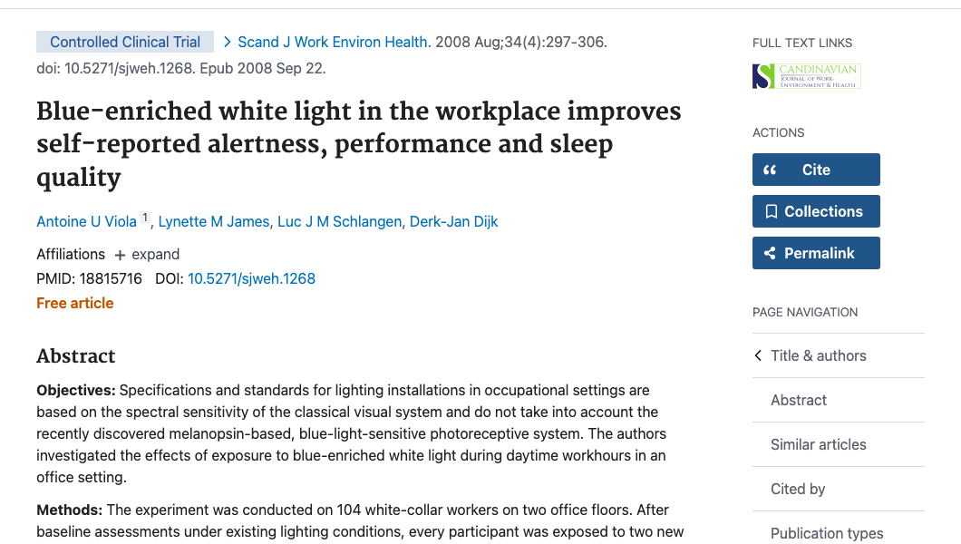 Title and abstract of Blue-Enriched White Light in the Workplace Improves Self-Reported Alertness, Performance and Sleep Quality