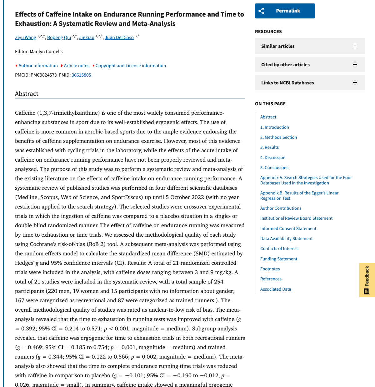 Title and abstract of Effects of Caffeine Intake on Endurance Running Performance and Time to Exhaustion: A Systematic Review and Meta-Analysis.
