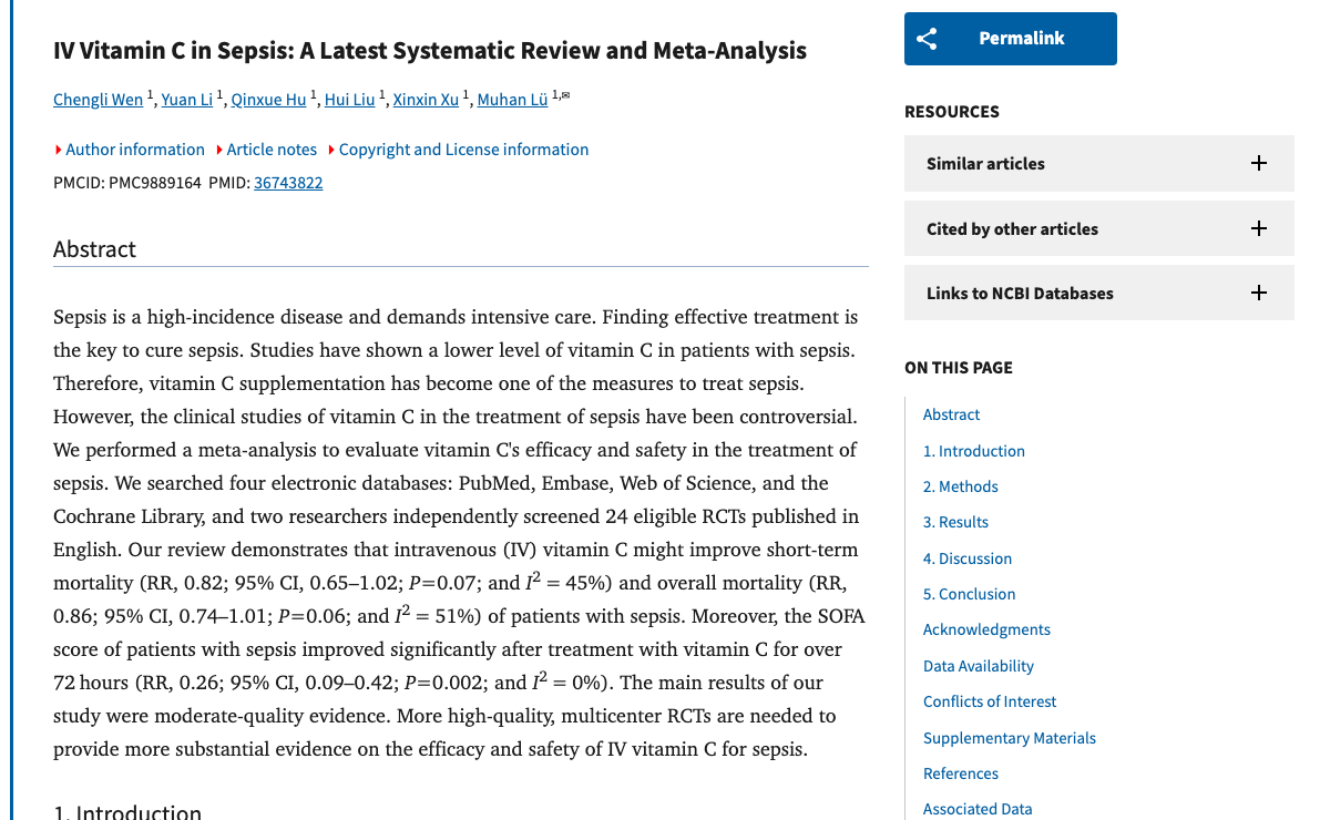 Title and abstract of IV Vitamin C in Sepsis: A Latest Systematic Review and Meta-Analysis.