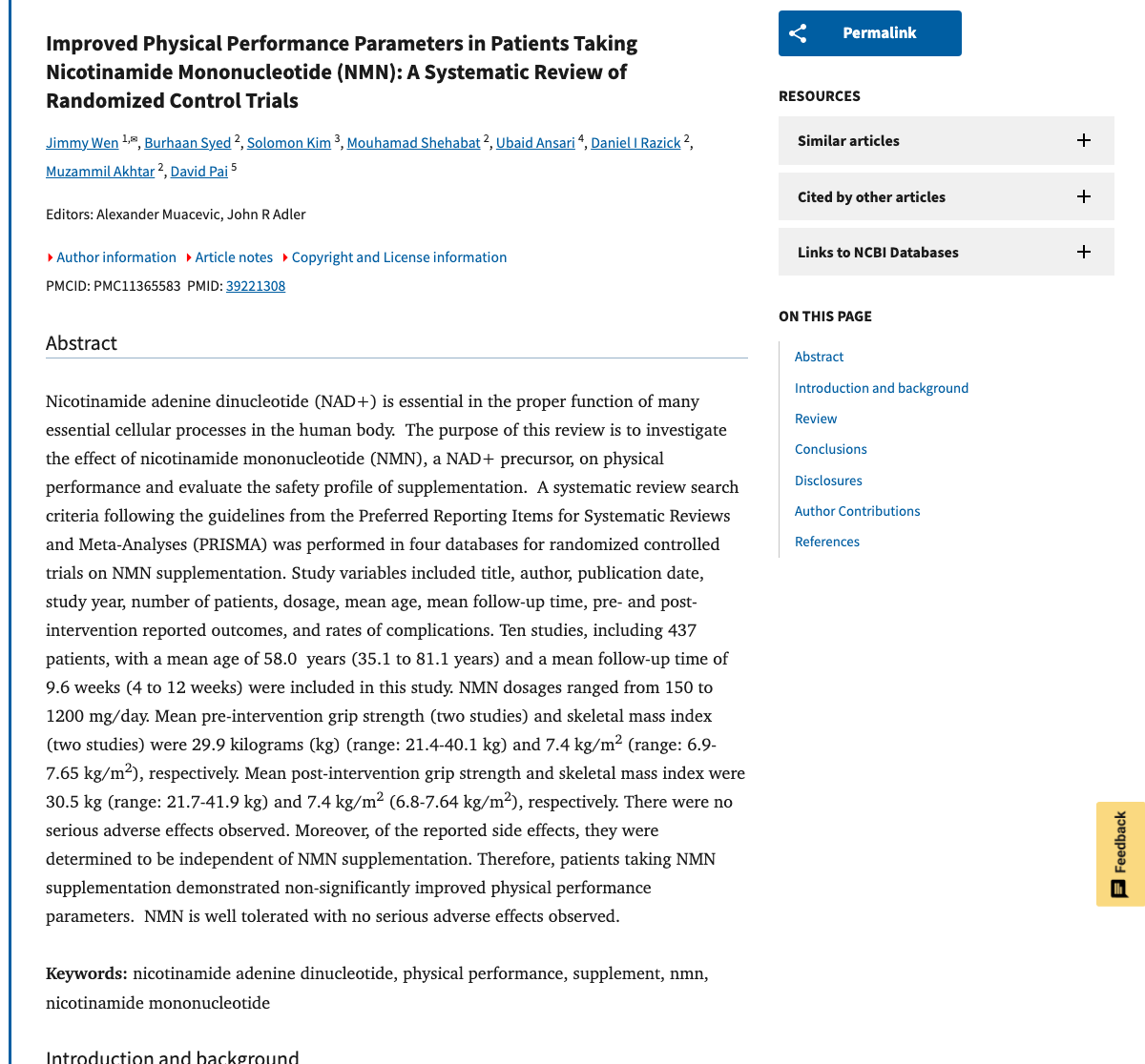 Title and abstract of Improved Physical Performance Parameters in Patients Taking Nicotinamide Mononucleotide (NMN): A Systematic Review of Randomized Control Trials.