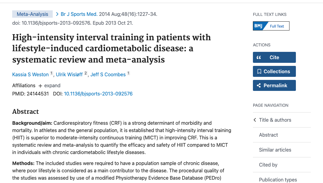 Title and abstract of High-intensity interval training in patients with lifestyle-induced cardiometabolic disease: a systematic review and meta-analysis