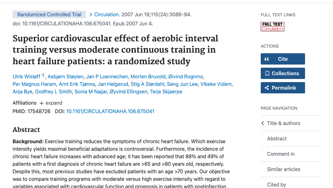 Title and abstract of Superior cardiovascular effect of aerobic interval training versus moderate continuous training in heart failure patients