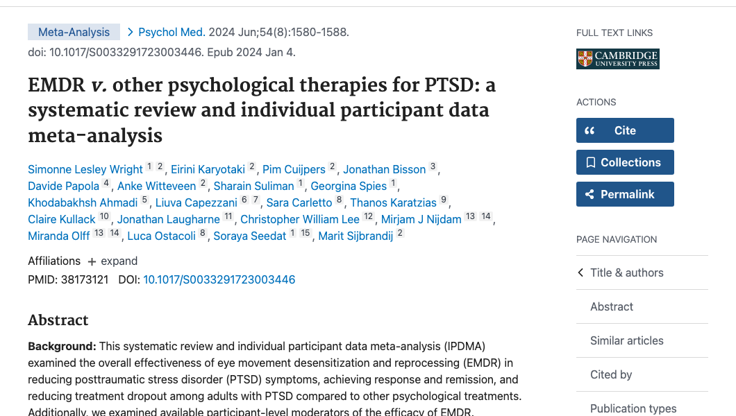 Title and abstract of EMDR v. other psychological therapies for PTSD: a systematic review and individual participant data meta-analysis.