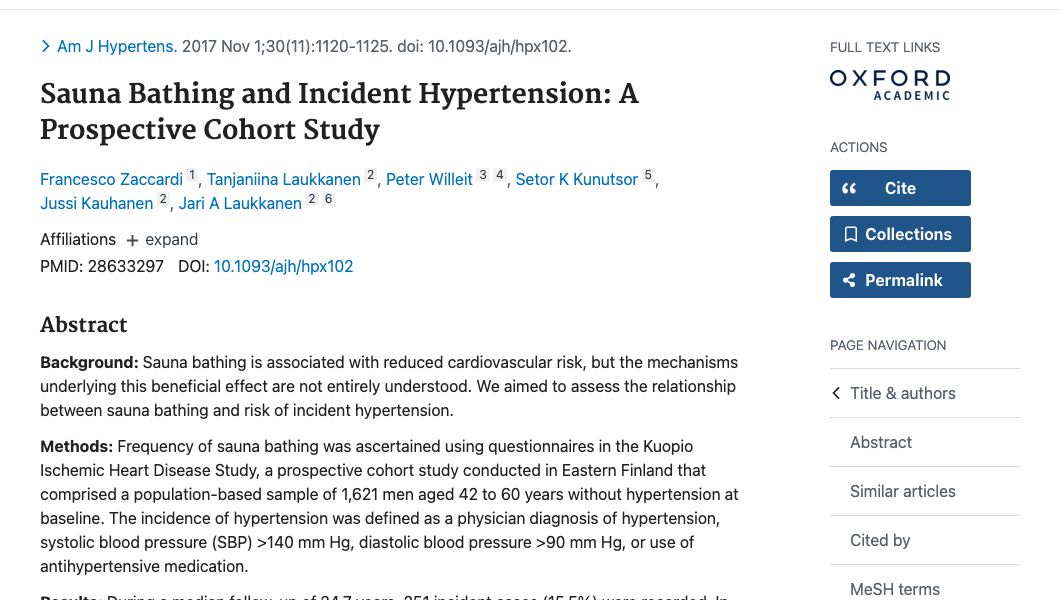 Title and abstract of Sauna Bathing and Incident Hypertension: A Prospective Cohort Study.